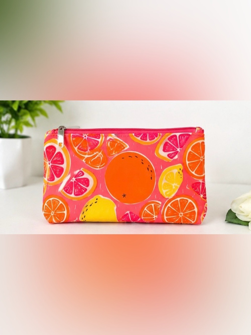Clinique Citrus Fruit Print Cosmetic Makeup Bag Pink Orange Yellow